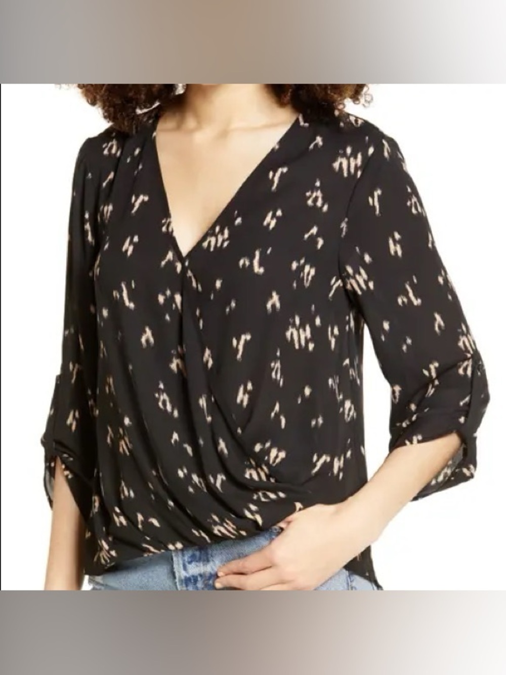All in Favor Black Wrap Blouse with Cream Abstract Spots